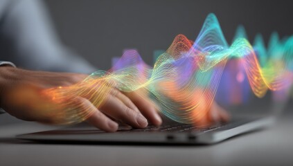Hands typing on laptop, colorful data waves overlay