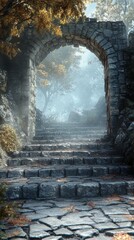 Fototapeta premium Stone Archway and Steps Leading Into Mystical Woods