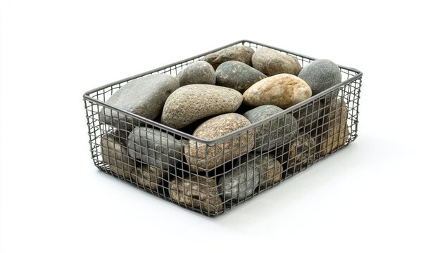 Slightly rectangular wire mesh box filled with rocks, front view, white background, high-resolution photography.