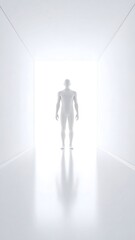 Fototapeta premium A distorted humanoid looms in a sterile white room, too tall to belong, featureless and shadowless — a glitch in reality wrapped in silence. Minimalist horror meets surreal sci-fi.
