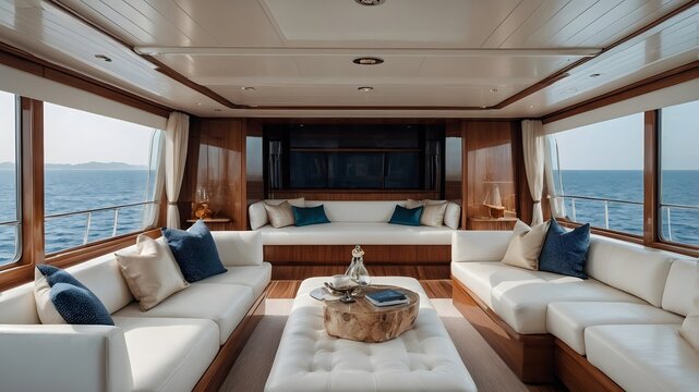Interior de yate de lujo con sof&aacute;s blancos y vistas al mar