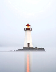 Minimalist a distant lighthouse against a misty sky