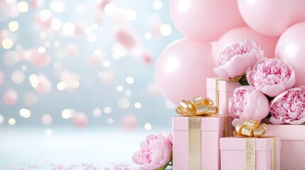 Dreamy Pastel Celebration: A delicate composition featuring pastel pink balloons, blossoms, and elegantly wrapped gifts, all softly illuminated to evoke a sense of joy and festivity.