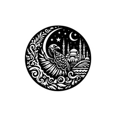 Eagle perched on a crescent moon with mosque in background isolated on white