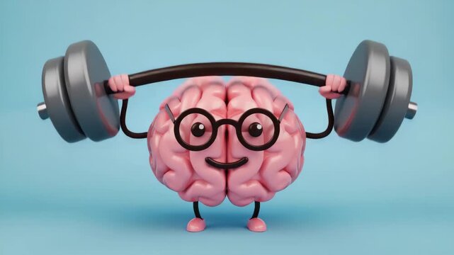 Cartoon Brain Doing Weightlifting for Mental Strength Concept