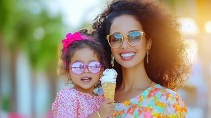 Summer Moments: A radiant mother and her child, illuminated by soft sunlight, share a sweet ice cream cone, their faces alight with smiles and joy in a candid outdoor scene.