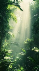 Naklejka premium Sunlight Streaming Through Lush Tropical Jungle Greenery