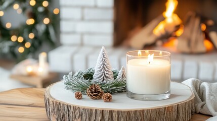 Cozy Hearthside: A serene scene of a lit candle on a wooden platter, adorned with festive decorations, set before a fireplace. This image captures the essence of warmth and relaxation.