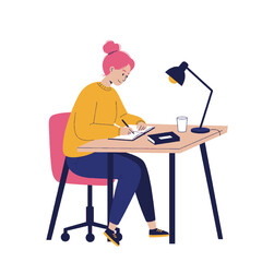 Young Woman Studying at Desk with Lamp