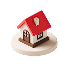3D stylized icon of a small house, red roof, white walls, brown trim, on a circular platform