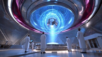 Scientists in white coats are observing a glowing energy source emitting a beam of light in a futuristic laboratory, showcasing advanced technology and innovation