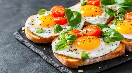 Eggs and Toast Appetizer: A mouthwatering shot of perfectly cooked fried egg toasts adorned with vibrant cherry tomatoes and fresh basil, a culinary celebration of breakfast.