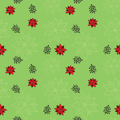 Seamless Christmas pattern with red poinsettia flowers and green background, festive floral illustration for holiday textiles and wrapping paper
