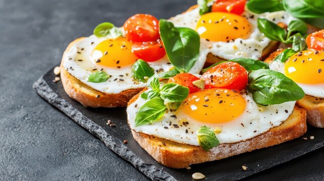 Eggs and Toast Appetizer: A mouthwatering shot of perfectly cooked fried egg toasts adorned with vibrant cherry tomatoes and fresh basil, a culinary celebration of breakfast.