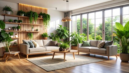 Fototapeta premium A cozy and modern living room filled with lush green houseplants bathed in natural light from large windows, creating a biophilic design.