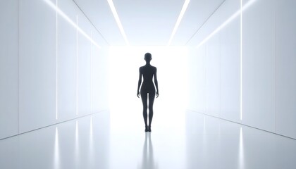 Fototapeta premium A distorted humanoid looms in a sterile white room, too tall to belong, featureless and shadowless — a glitch in reality wrapped in silence. Minimalist horror meets surreal sci-fi.