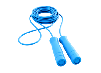 Bright blue skipping rope coiled and isolated on transparent background