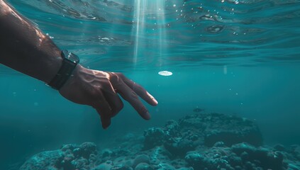 A hand pointing at an underwater object, like the bottom of ocean or something, with its finger. The background is blue water and light is shining