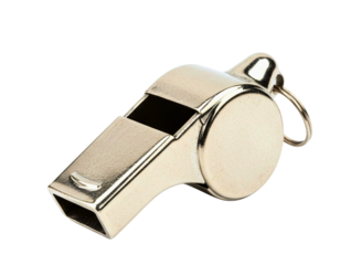 Shiny metal sports referee whistle isolated on transparent background