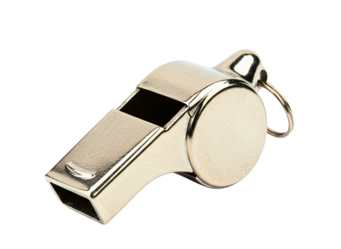 Shiny metal sports referee whistle isolated on transparent background