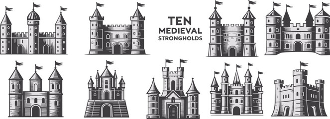 Vintage Medieval Castle Illustration Set Featuring Ten Strongholds for Fantasy Characters, Story Scenes, and Lifestyle Design Elements © Monir Worlds
