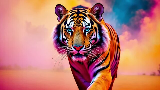 AI Generative Animal tiger sprayed with colorful colors holi, Indian spring festival