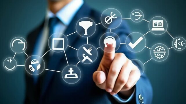 Business Core Values and Organizational Principles Concept. Businessman pointing virtual core values such as integrity, teamwork, accountability, ethics, responsibility, trust, quality.