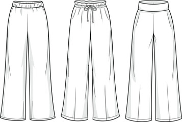 Women's wide leg pants flat sketch, drawstring and elastic waist palazzo trousers, fashion CAD technical vector for apparel design