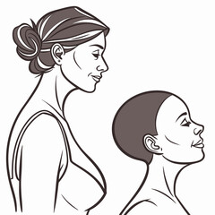 Two women in profile one with hair in a bun and the other with short hair looking upwards