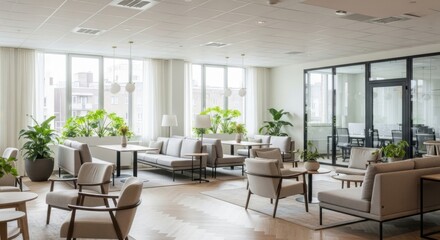 Bright contemporary office lounge with comfortable seating and abundant natural light