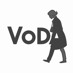 Stylized silhouette of a woman walking next to the word voda in a modern graphic design