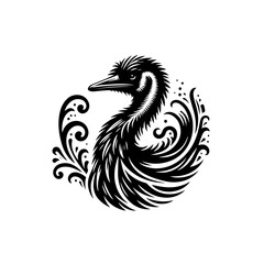 Ornate black and white emu illustration isolated on white background