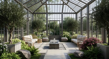 Obraz premium Sophisticated conservatory interior designed as a tranquil lounge for relaxation, surrounded by lush olive trees and garden plants.