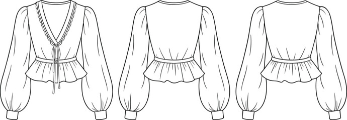 Women's fashion top technical flat sketch, boho blouse with puff sleeve and peplum hem, detailed V-neck tie front design © Sagor Creatives