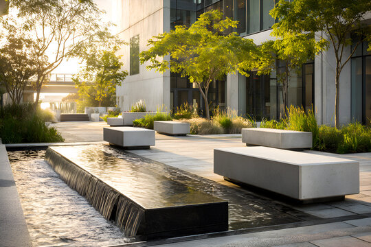Modern Courtyard With Water Feature And Concrete Benches