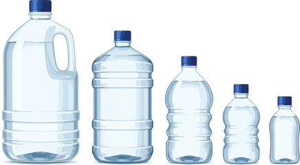 Naklejka premium Plastic Water Bottle Vector Set – Different Sizes Clear Drink Container Clipart