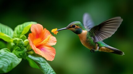 Fototapeta premium Colorful Hummingbird Approaching Vibrant Flower in Lush Green Garden Setting