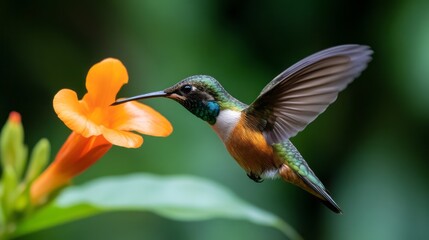 Fototapeta premium Vibrant Hummingbird Approaching Bright Orange Flower in Sunlit Garden Setting