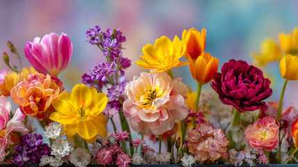 A vibrant display of tulips and other assorted flowers in a colorful and artistic arrangement