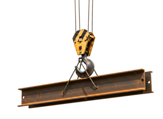 Heavy duty industrial crane hook lifting steel i beams isolated on transparent background