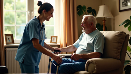 Fototapeta premium Compassionate Home Care Nurse Assisting a Senior Patient