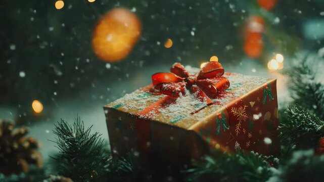 A beautifully wrapped holiday gift under a Christmas tree, illuminated by twinkling lights and falling snow, ready to be opened during the festive season.