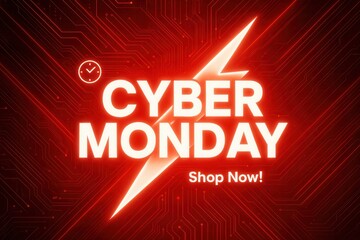 Neon-style Cyber Monday advertisement with bold text and digital circuit background, emphasizing online shopping and special promotions.