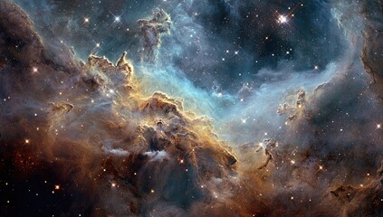 Fototapeta premium Cosmic nebula swirling in vibrant hues of deep space. Vast expanse of gas and dust, illuminated by distant stars
