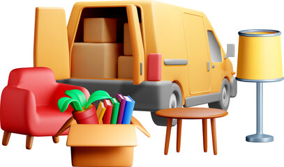 3D Moving Van with Furniture and Decor Items