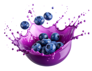 Blueberry Dropped in Purple Liquid Splash Explosion, Transparent Background