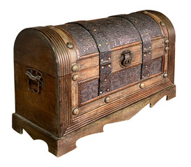 Closed wooden hope chest displaying floral metal decoration and rivets