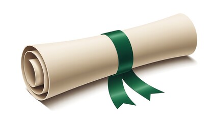 Rolled diploma or certificate tied with a green ribbon on a white background