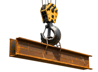 Heavy duty industrial crane hook lifting steel i beams isolated on transparent background