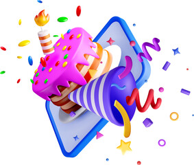 Colorful 3D Birthday Cake with Celebratory Elements